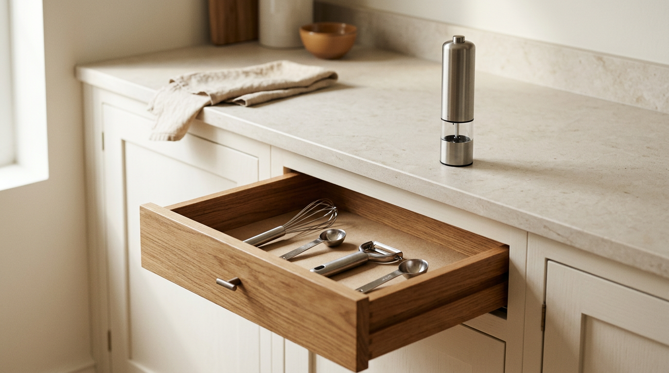 A calm cream-white kitchen with a wooden drawer slightly open and a stainless steel spice grinder standing on the counter in soft window light