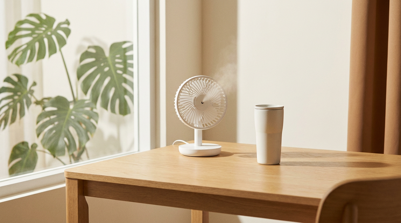 A small desktop misting fan and a self-cooling tumbler on a wooden desk in warm tropical afternoon light