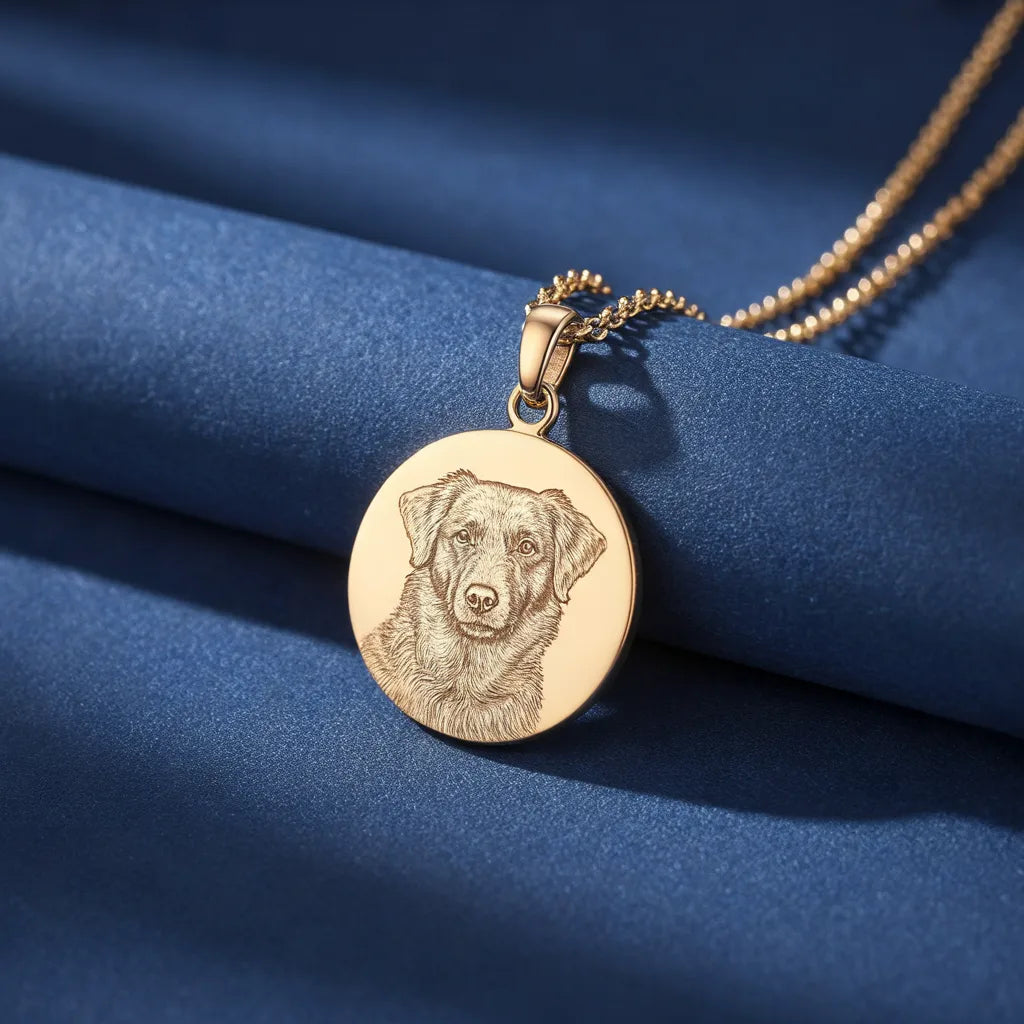 Gold medallion engraved with a dog portrait, design preview