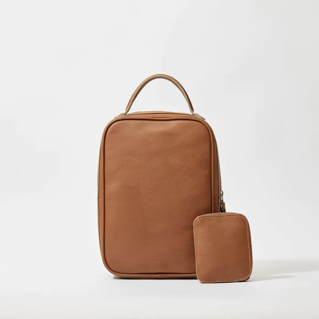 Wireless charging laptop bag in saddle brown with accessory pouch — white background