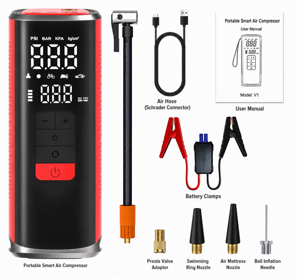 3-in-1 Car Jump Starter & Wireless Tire Inflator with Power Bank & Flash Light