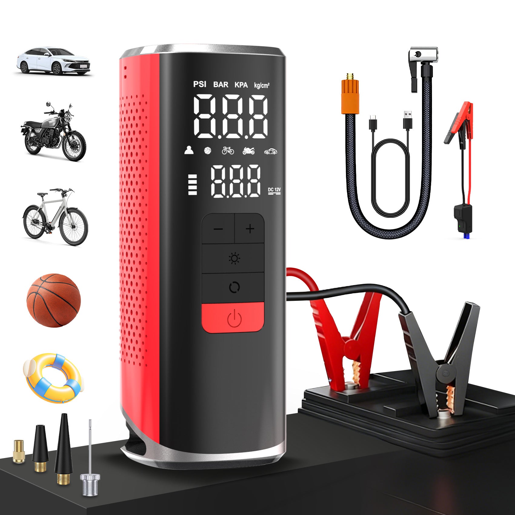 3-in-1 Car Jump Starter & Wireless Tire Inflator with Power Bank & Flash Light