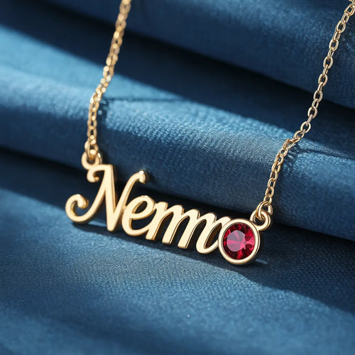 Gold name necklace with birthstone, design preview