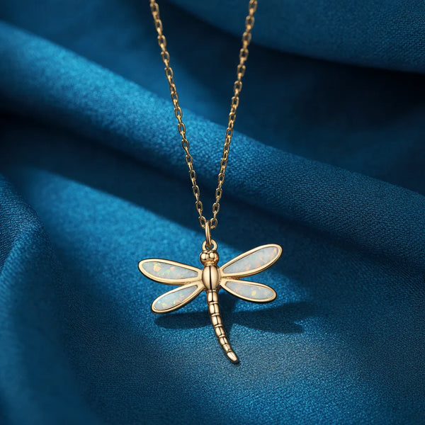Gold dragonfly charm necklace with opal wings, design preview