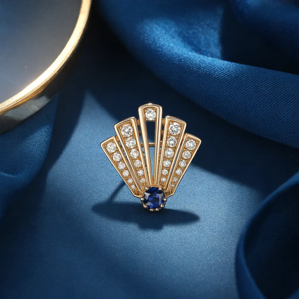Art Deco gold brooch with blue center stone, design preview