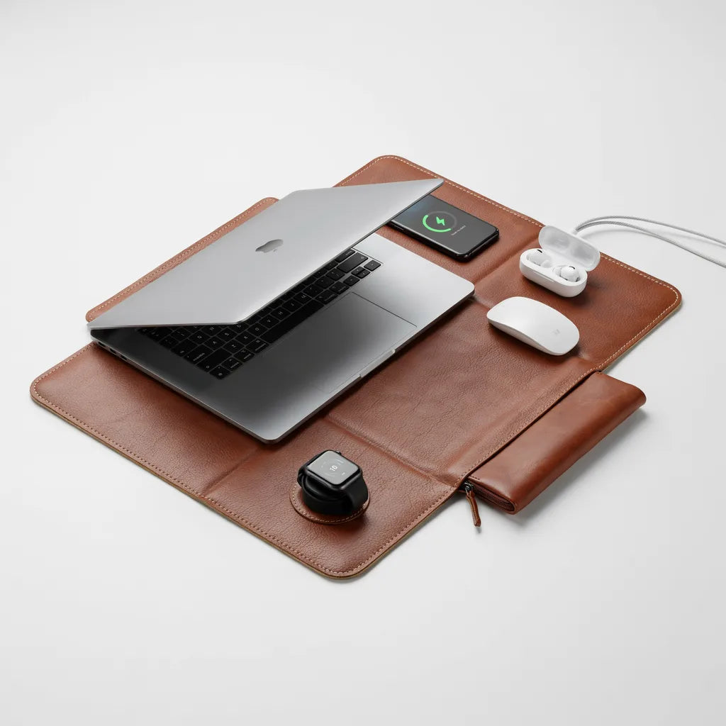 Laptop bag unfolded into a desk mat, charging phone, earbuds and watch wirelessly