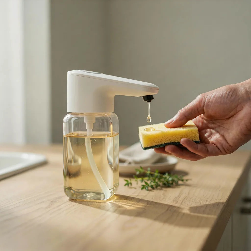 Dispensing dish soap onto a sponge in the kitchen